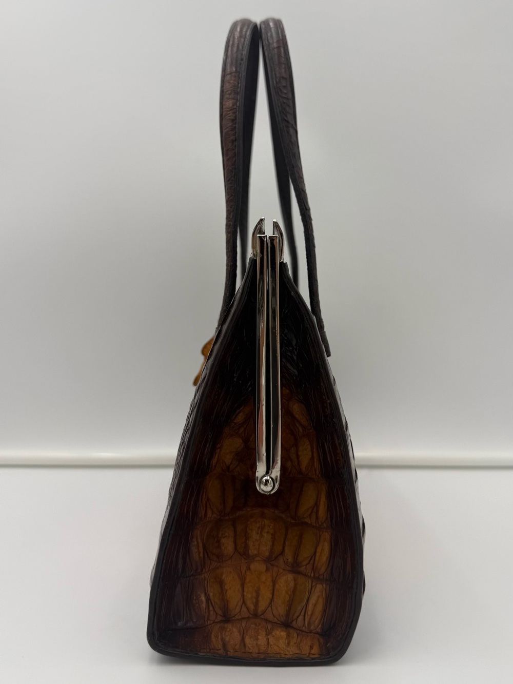 🐊JAPAN • Brown Exotic CROCODILE Frame 30 Top Handle Bag w/ Ornate Silver Trim - Picture 5 of 16